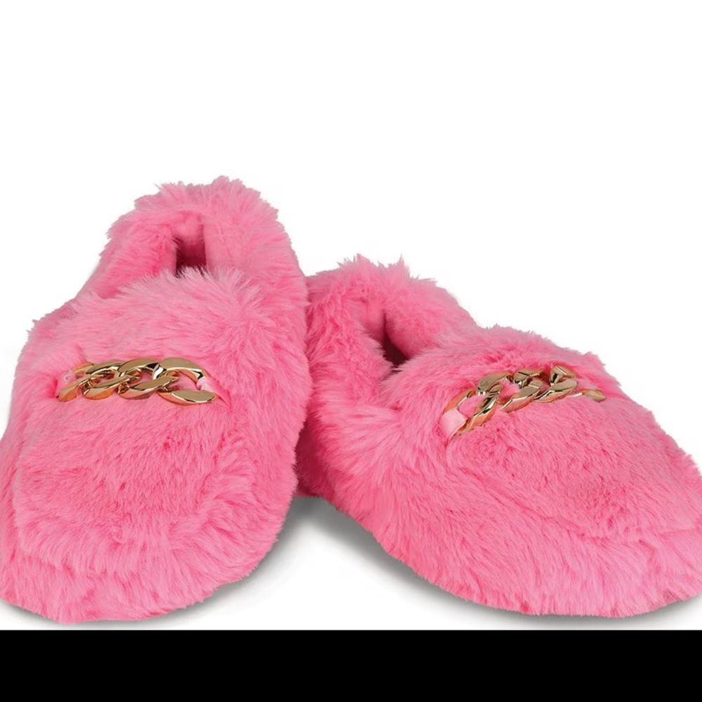 Pink Fuzzy Slippers with Gold Chain